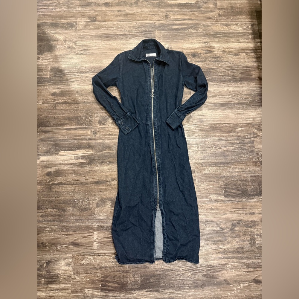 Zara Denim Dress Dark Blue Full Zip Midi